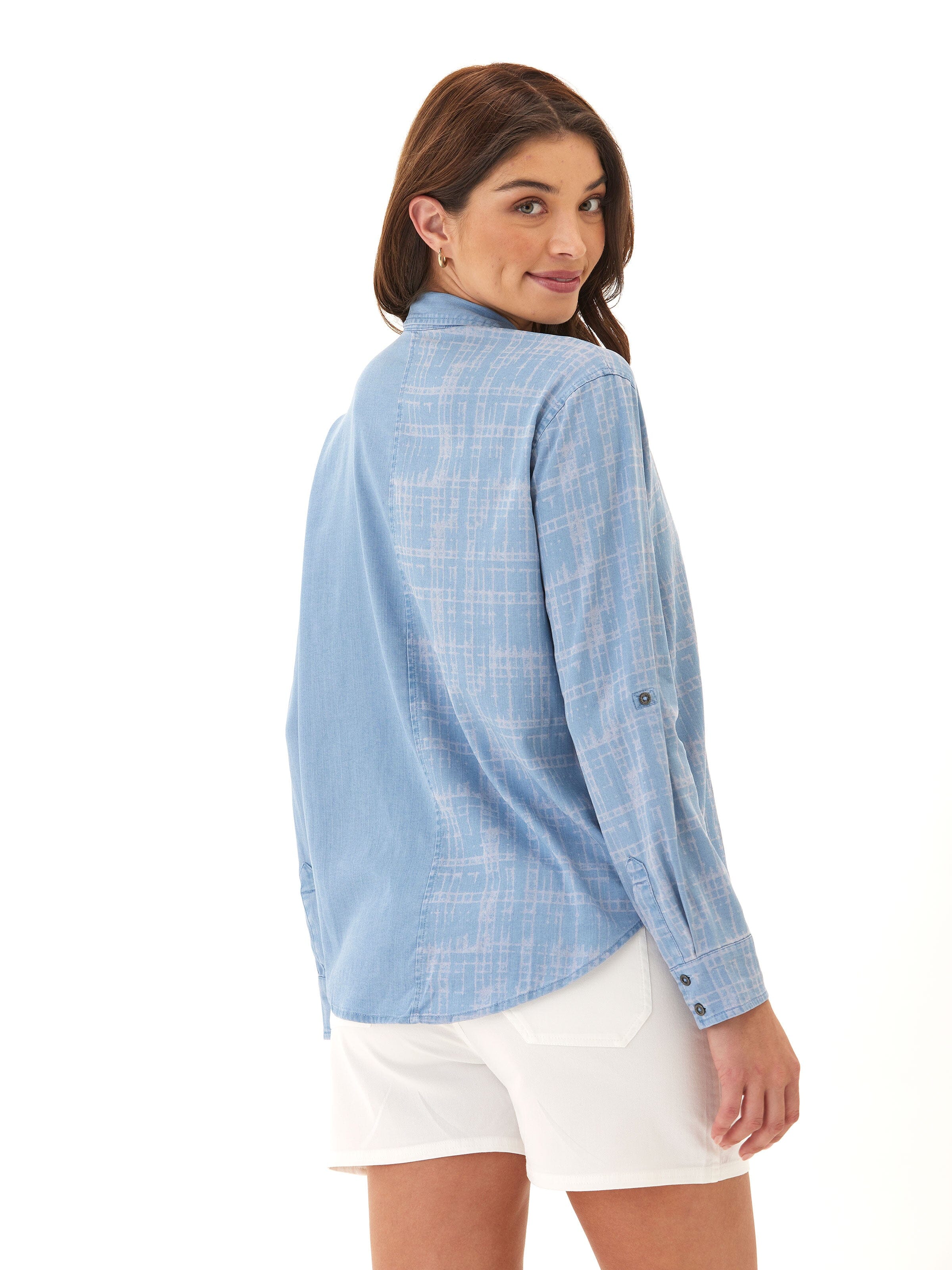 Prudence Grid Plaid Stretch Chambray Button-Down Shirt
