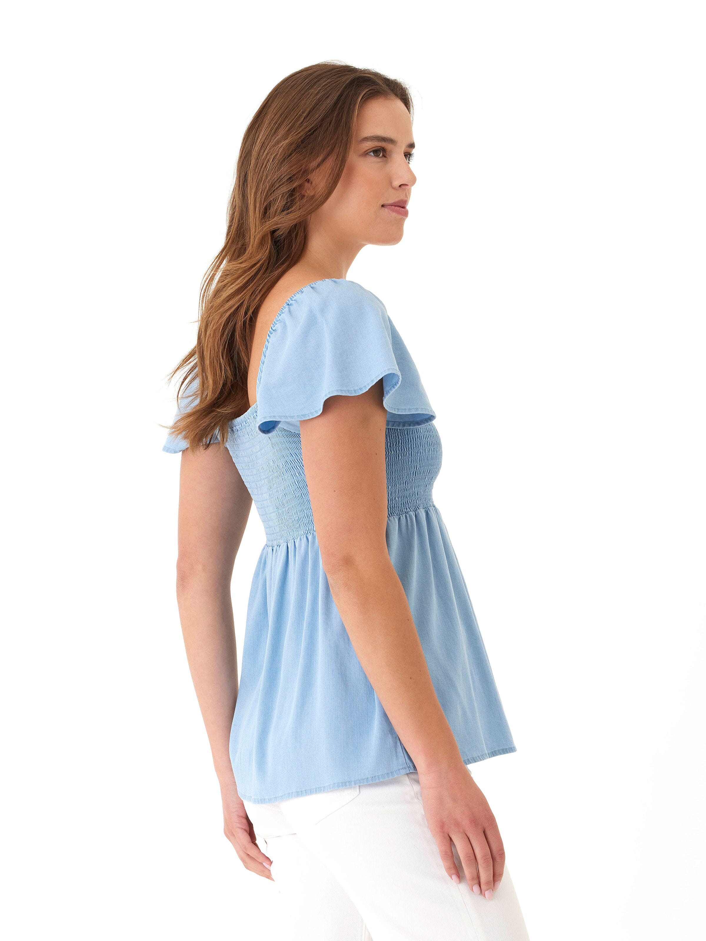 Ramira Stretch Chambray Top with Smocked Bodice and Flutter Sleeves