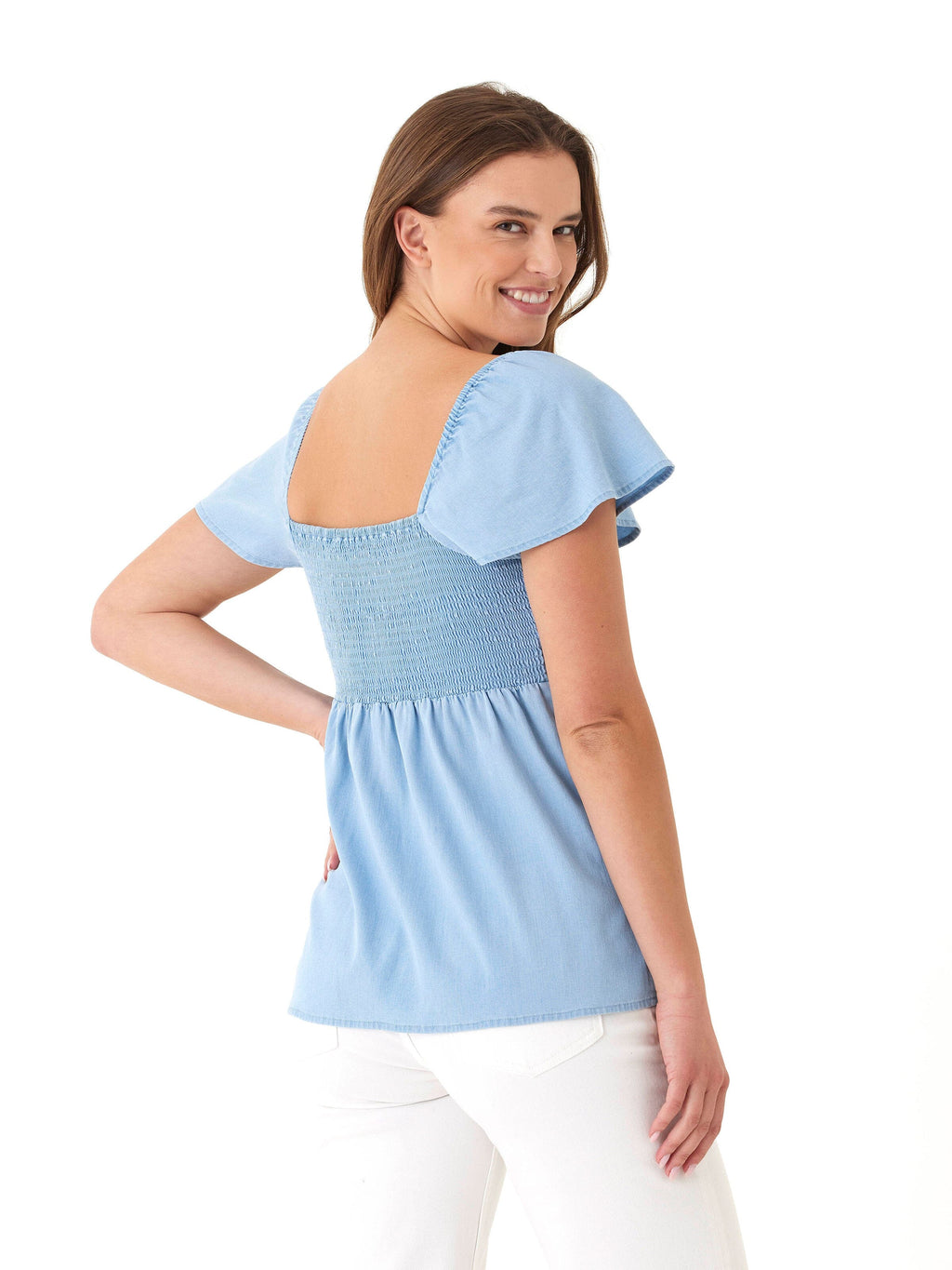 Ramira Stretch Chambray Top with Smocked Bodice and Flutter Sleeves