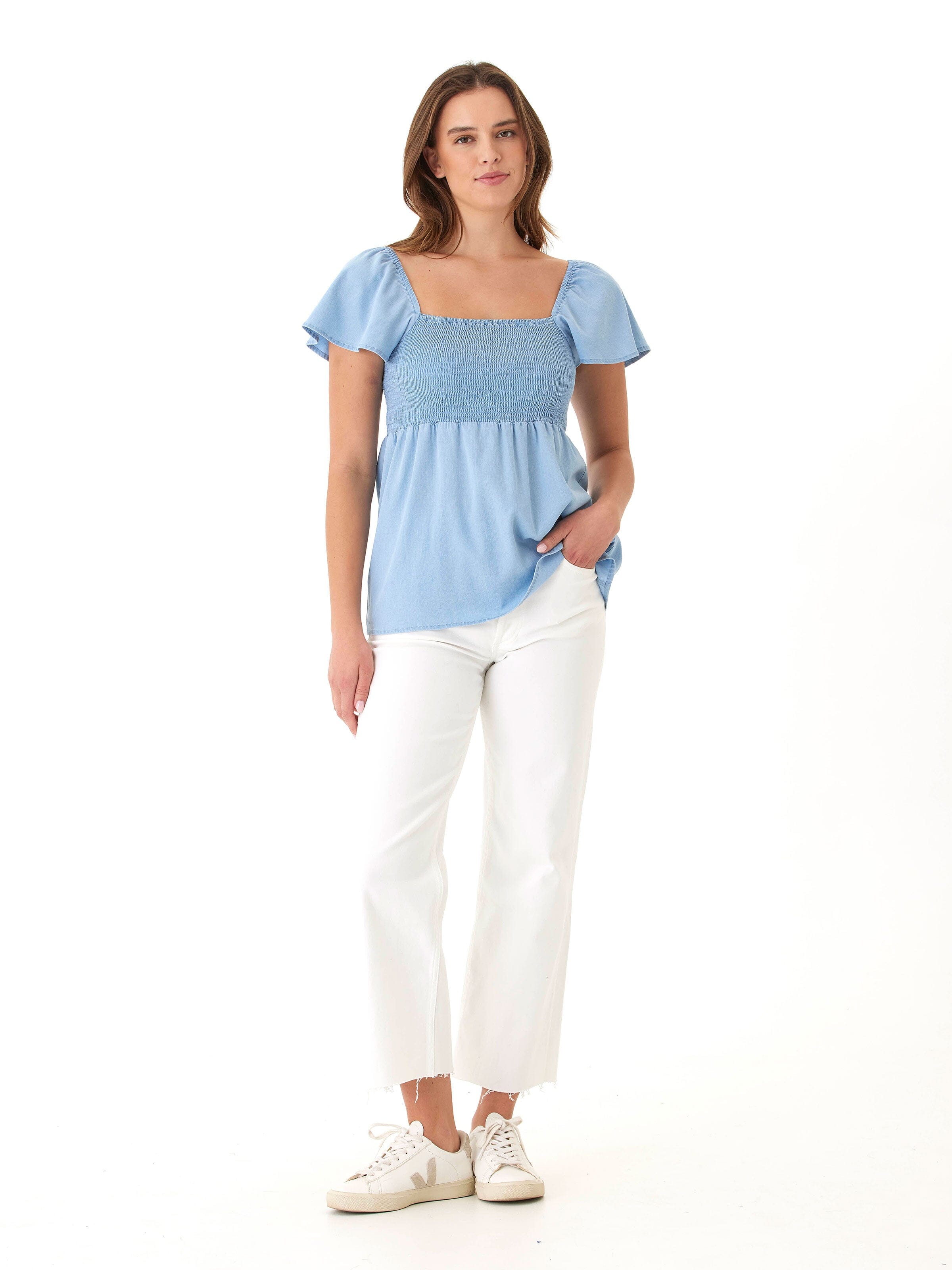 Ramira Stretch Chambray Top with Smocked Bodice and Flutter Sleeves