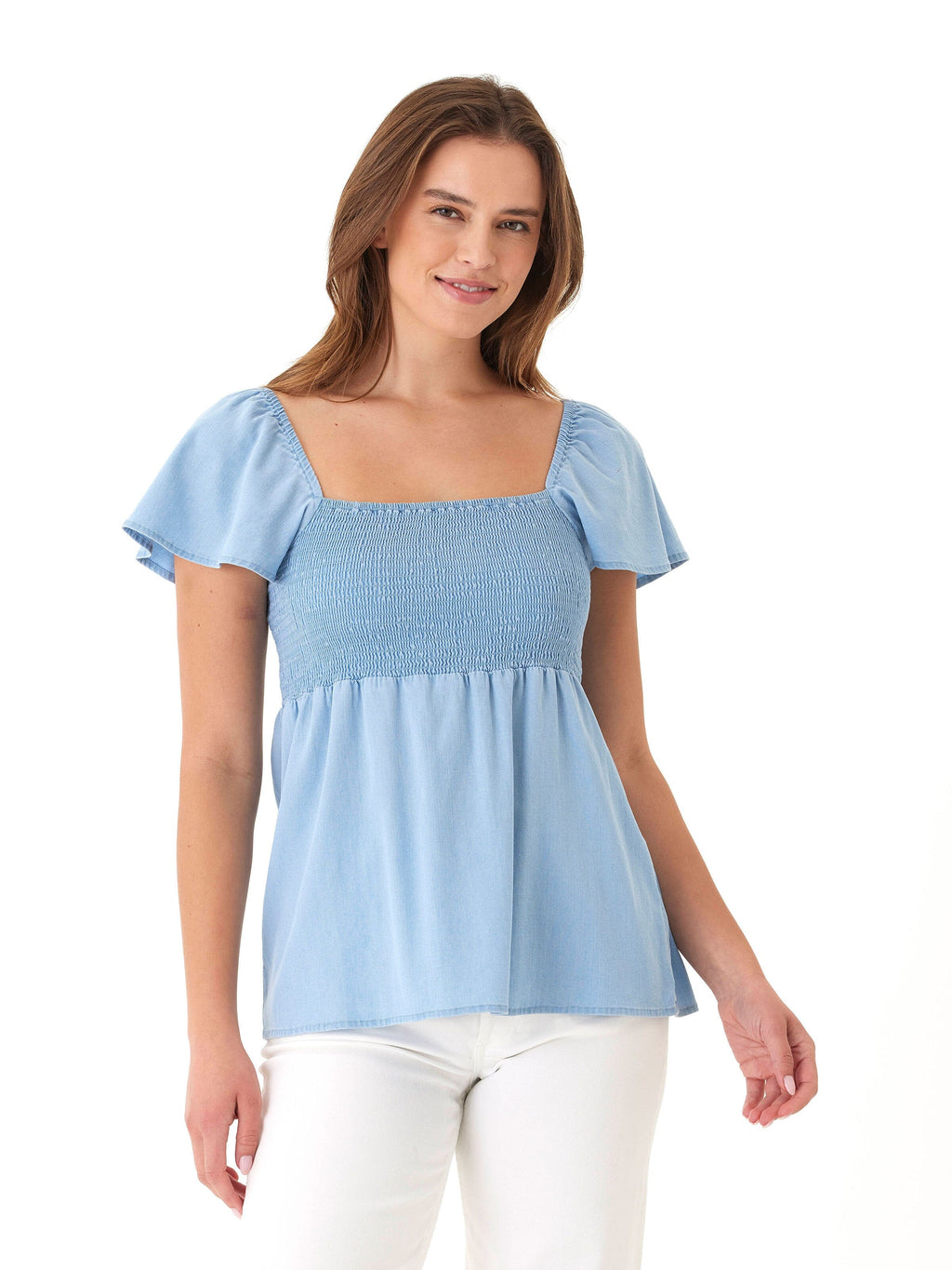 Ramira Stretch Chambray Top with Smocked Bodice and Flutter Sleeves