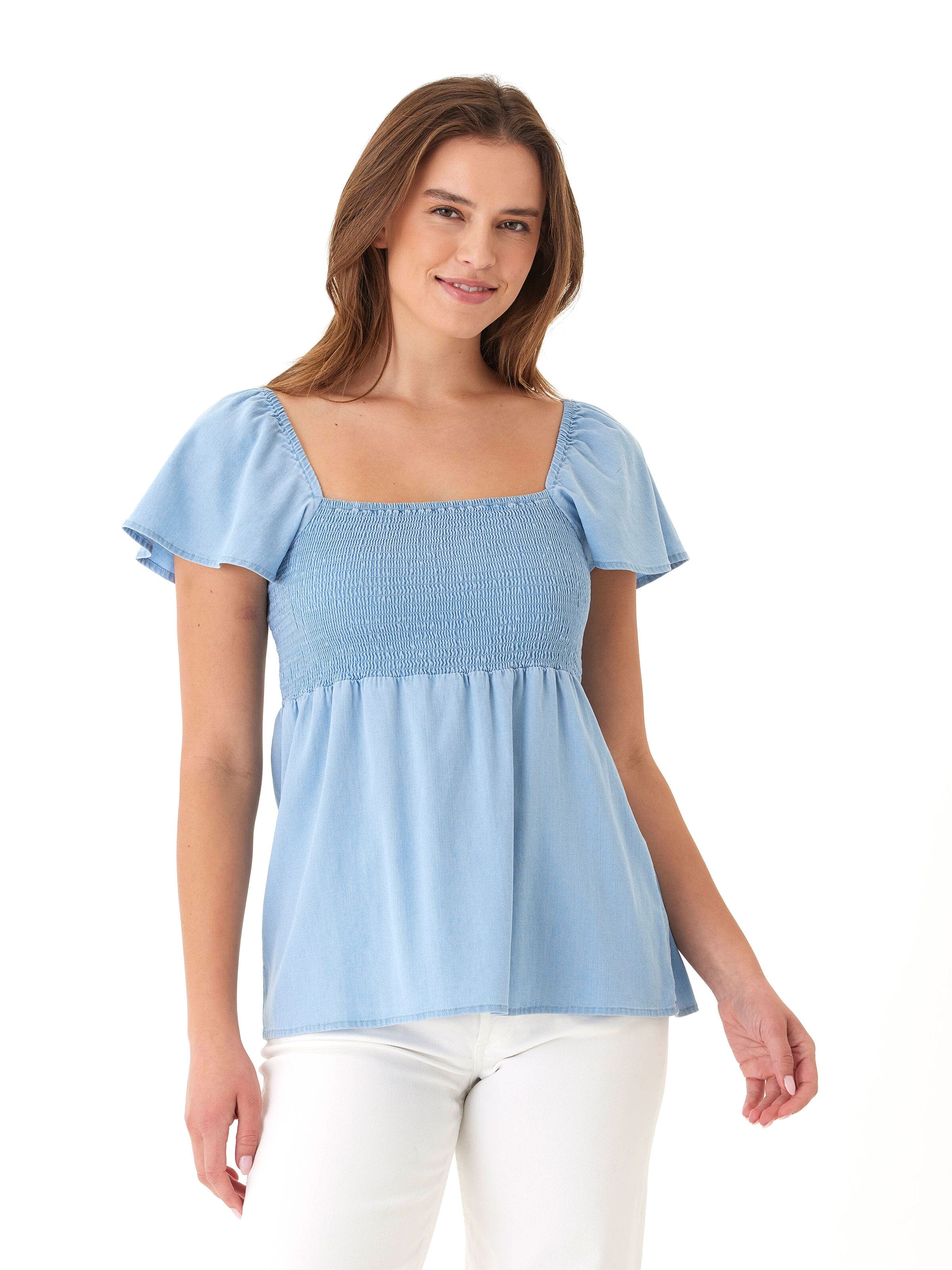 Ramira Stretch Chambray Top with Smocked Bodice and Flutter Sleeves