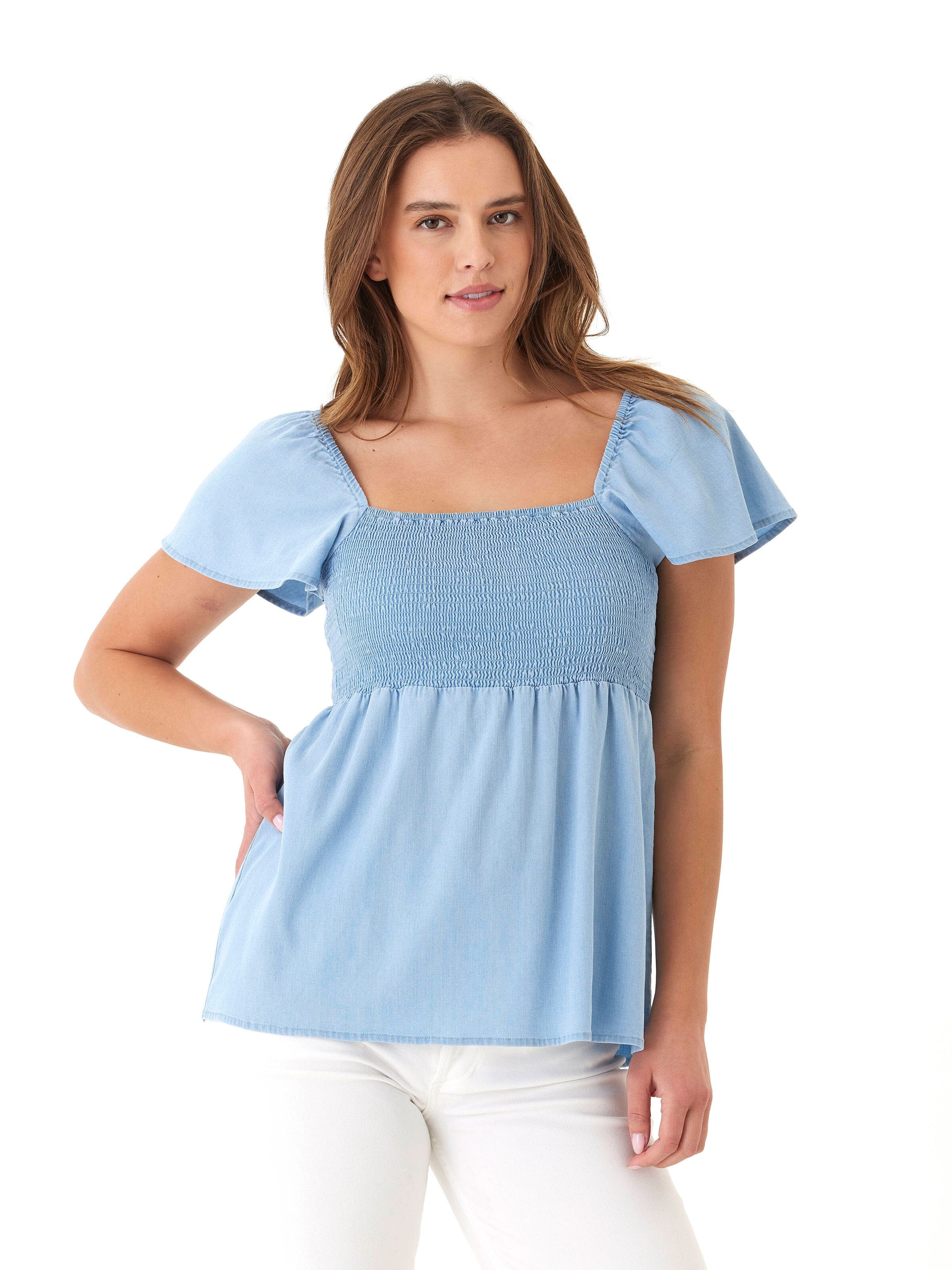 Ramira Stretch Chambray Top with Smocked Bodice and Flutter Sleeves