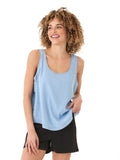 Clarice 2.0 stretch denim tank top in light blue with side button detail and scoop neckline