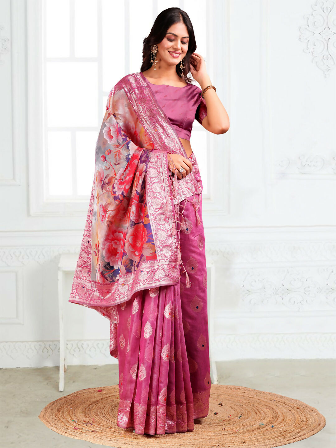 Pink Linen Cotton Saree with Matching Blouse Piece