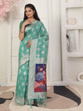 A Rama Green linen cotton saree, ideal for a comfortable and stylish ethnic look.