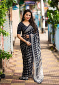 Navy blue poly georgette Ajrak saree with aari mirror work border