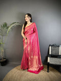 Pink satin silk Kanchipuram saree with floral and ethnic motifs