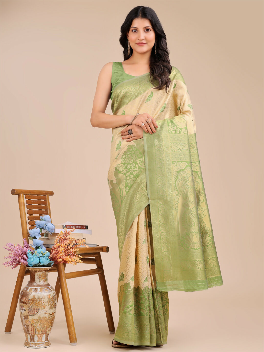 Shree Shyam Fashion Banarasi Silk Cream & Light Green Saree