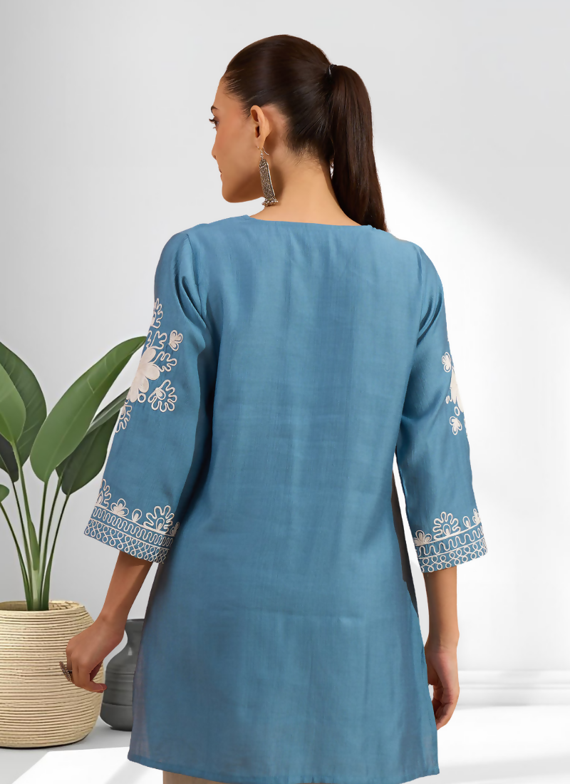 Teal Silk Embroidered Tunic with V-Neck Design