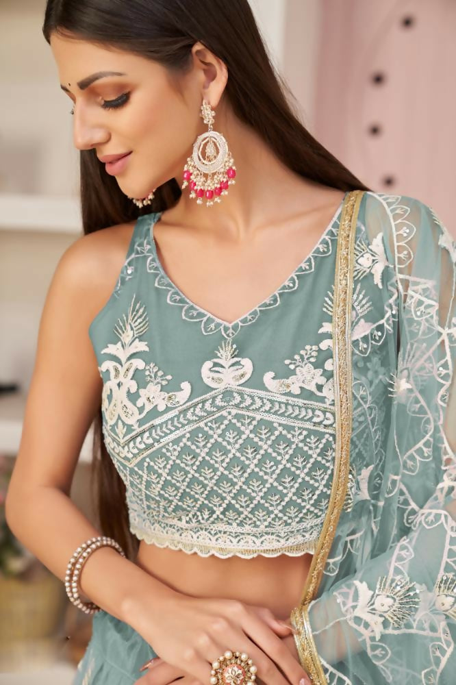 Ocean Blue Butterfly Net Lehenga with Zari and Sequin Embroidery