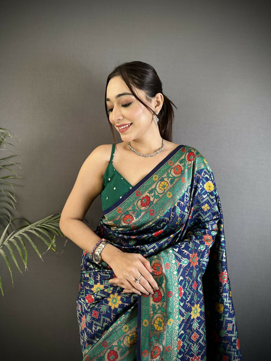 Navy Blue Banarasi Soft Silk Woven Saree with Matching Blouse