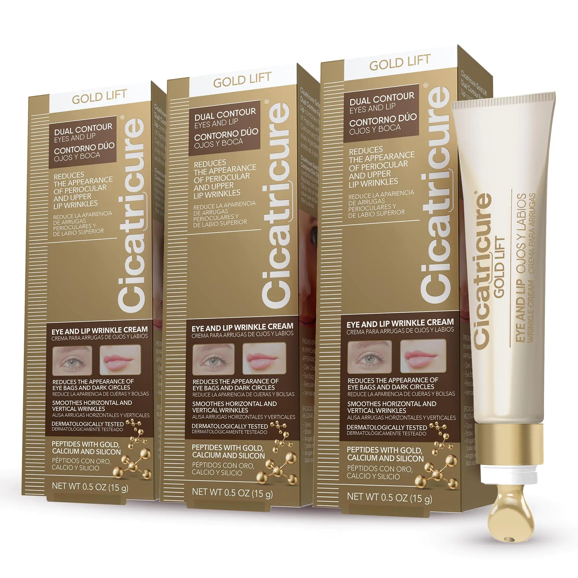 Cicatricure Gold Lift Dual Contour Eye and Lip Wrinkle Cream Anti Aging Skin Care to Reduce Dark Circles Puffiness & Expression Lines 0.5 Ounce (Pack of 3)