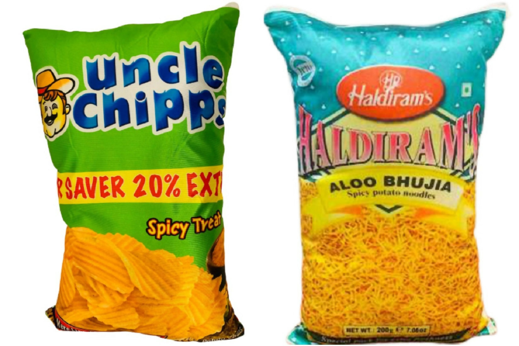 Set of two reversible cushions for kids with snack food themes