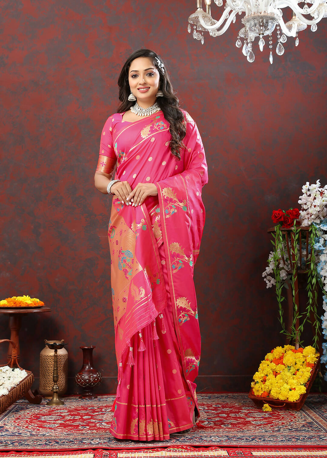 Pink Soft Paithani Silk Saree with Copper Zari Meenakari Weaving