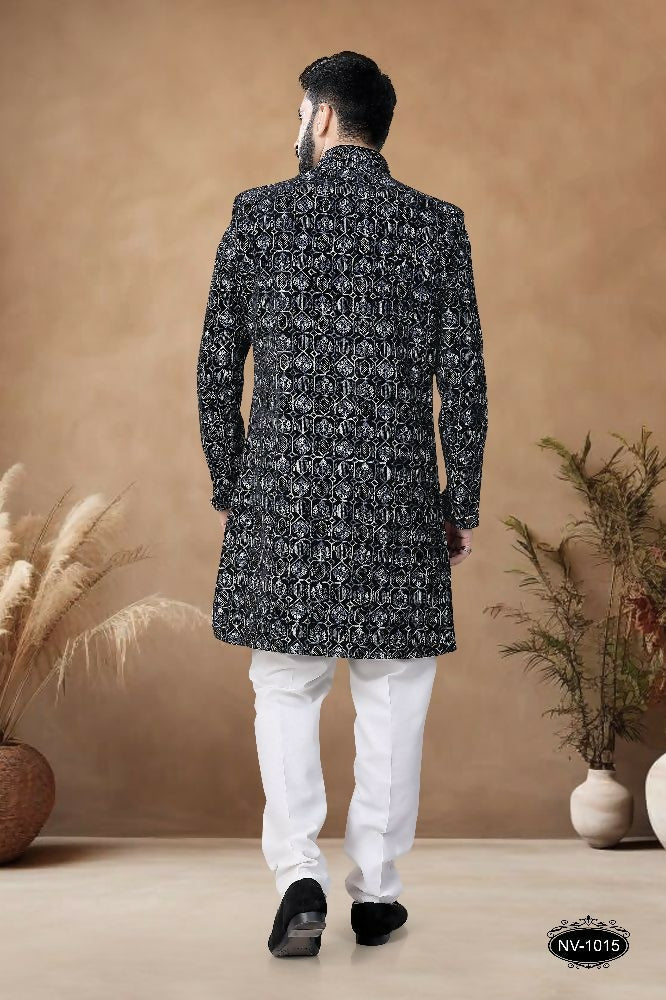 Men's Black Velvet Indo-Western Kurta Set with Embroidery