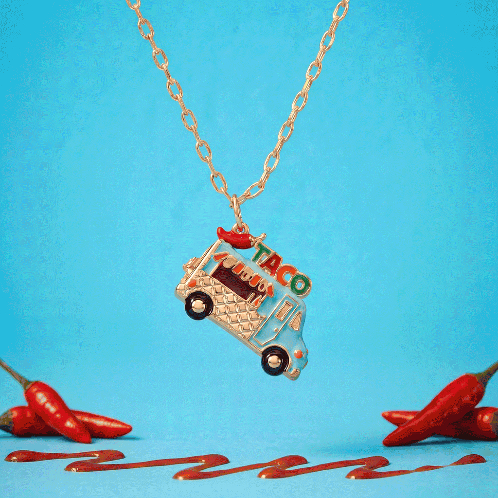 Gold-Plated Taco Truck Locket Necklace with Hot Sauce Charm