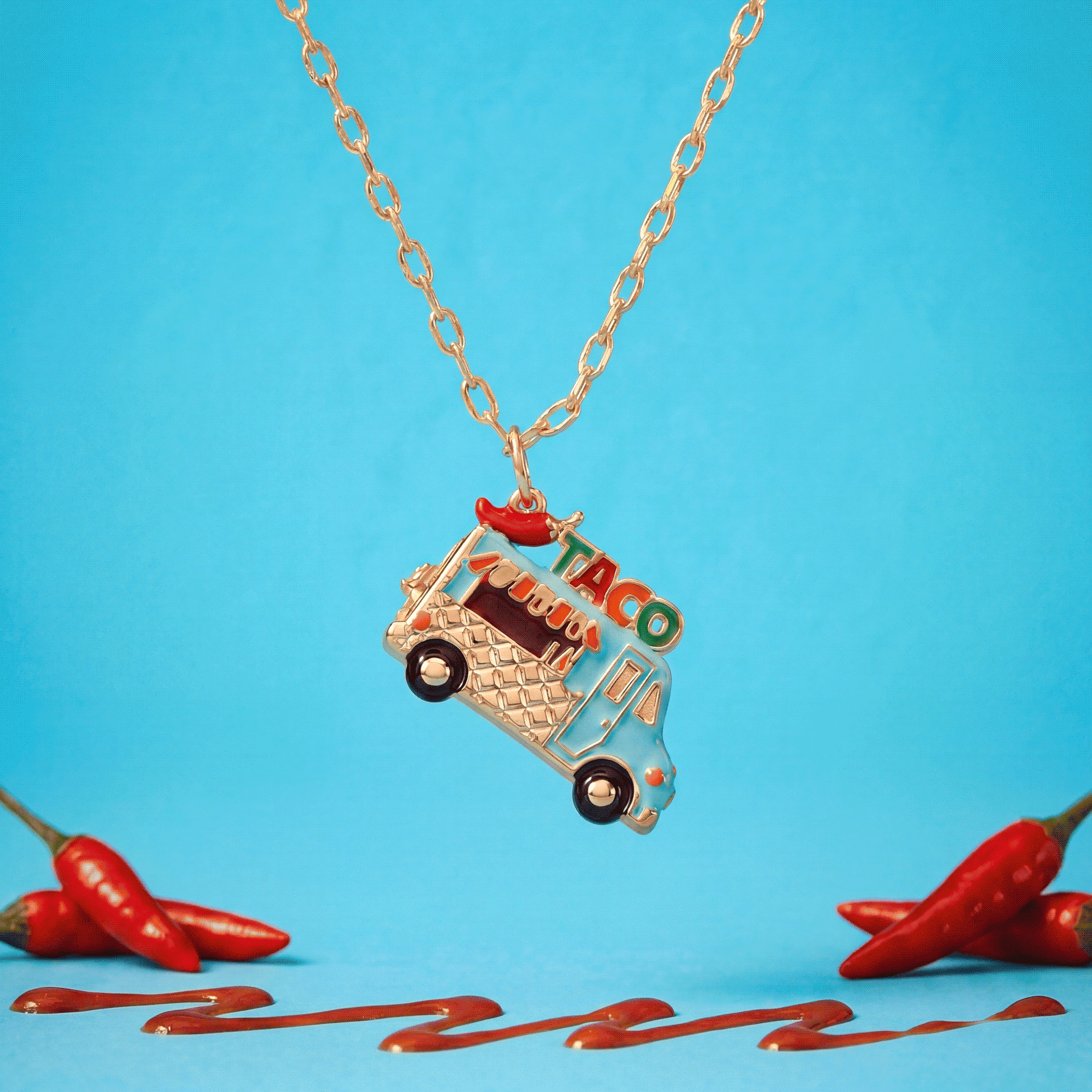Gold-Plated Taco Truck Locket Necklace with Hot Sauce Charm
