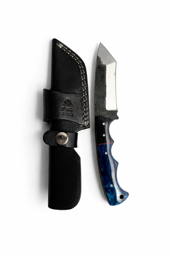 Hand-forged carbon steel utility knife with a hammered blade and blue resin handle