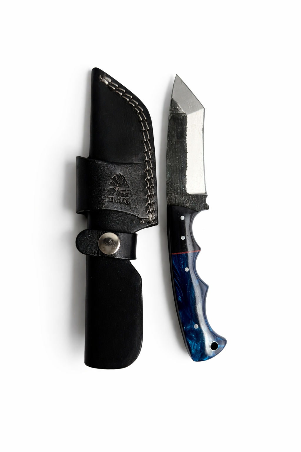 Hand-forged carbon steel utility knife with a hammered blade and blue resin handle