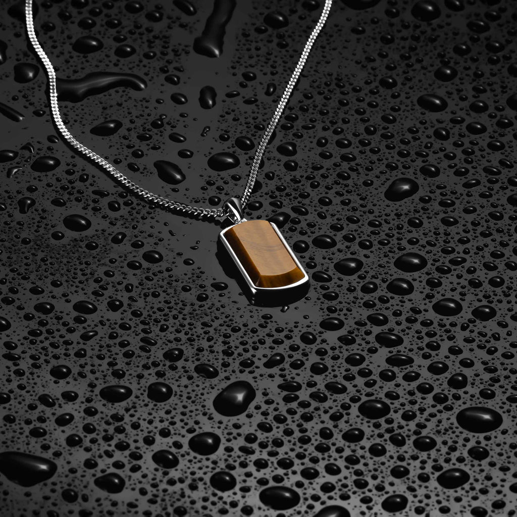 Beveled Tag Pendant Necklace with Tigers Eye Stone in Sterling Silver
