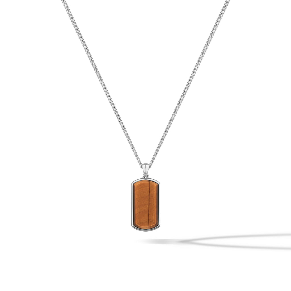 Beveled Tag Pendant Necklace with Tigers Eye Stone in Sterling Silver