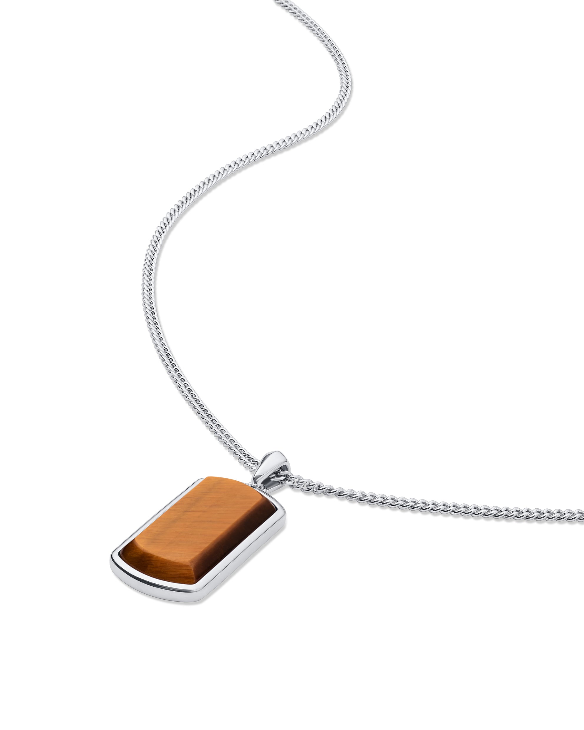 Beveled Tag Pendant Necklace with Tigers Eye Stone in Sterling Silver