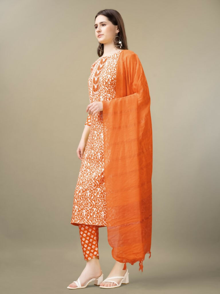 Women's Orange Rayon Straight Kurta Set with Embroidery & Dupatta