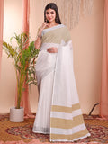 Beautiful white linen cotton saree with matching blouse piece draped elegantly.