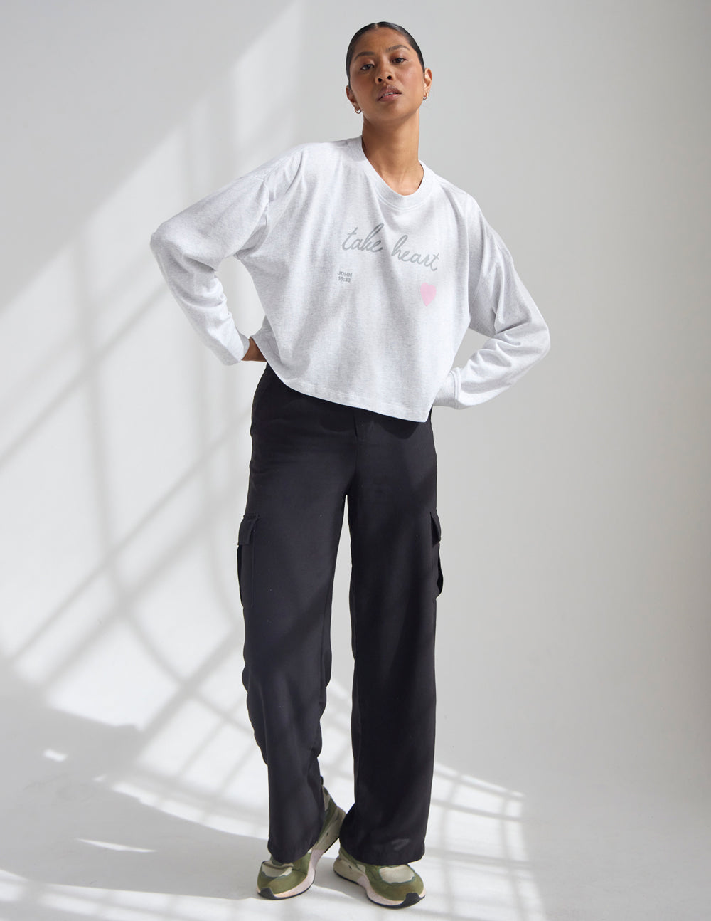 Take Heart Cropped Long Sleeve Tee in Light Grey and Soft Pink