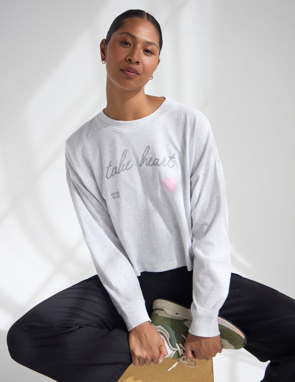 Take Heart Cropped Long Sleeve Tee in Light Grey and Soft Pink
