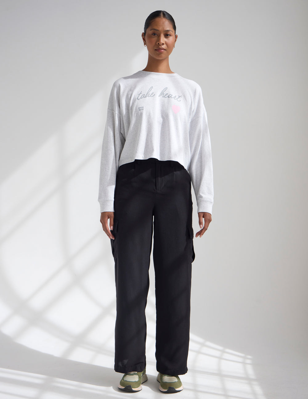Take Heart Cropped Long Sleeve Tee in Light Grey and Soft Pink