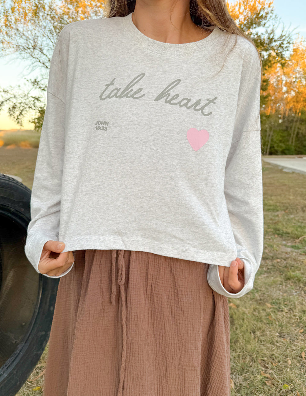 Take Heart Cropped Long Sleeve Tee in Light Grey and Soft Pink