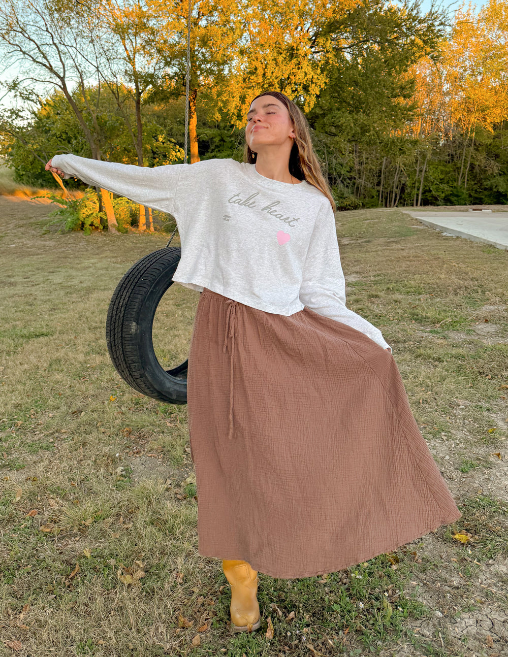 Take Heart Cropped Long Sleeve Tee in Light Grey and Soft Pink