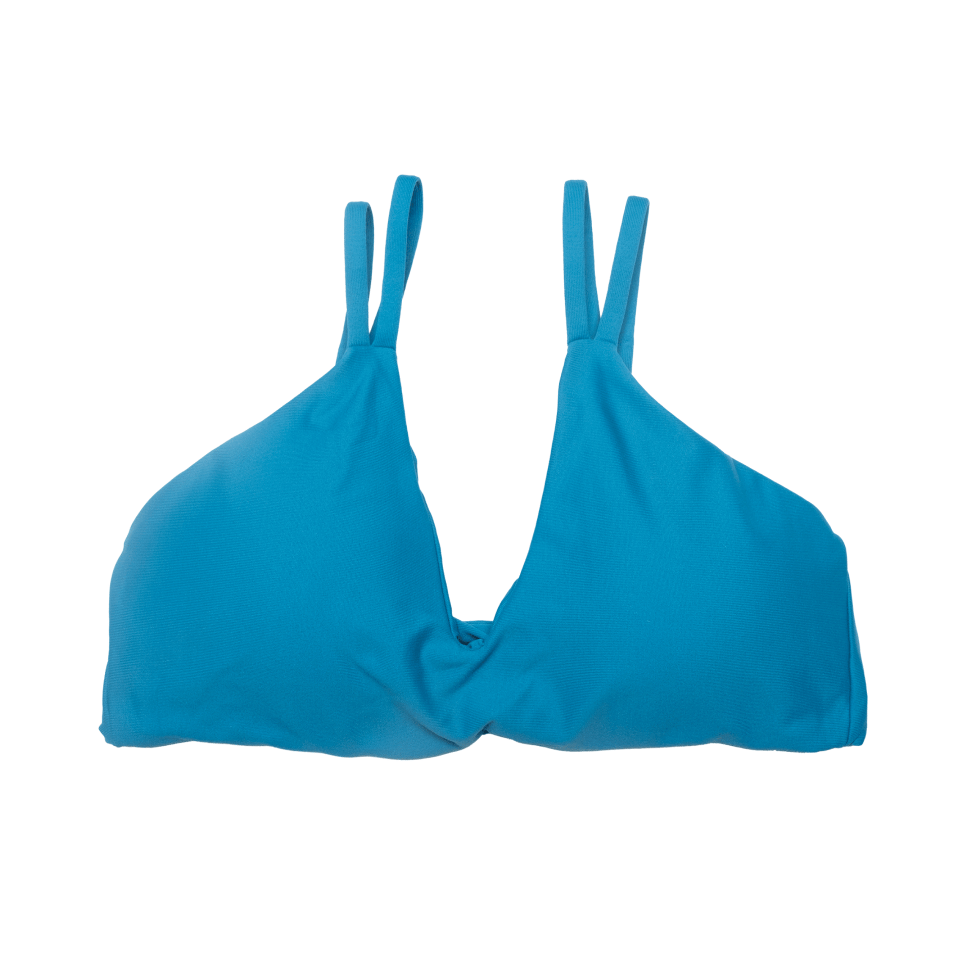 Woman wearing a bright azure blue sleeveless v-neck cropped Kinsley top with a twist-front design.
