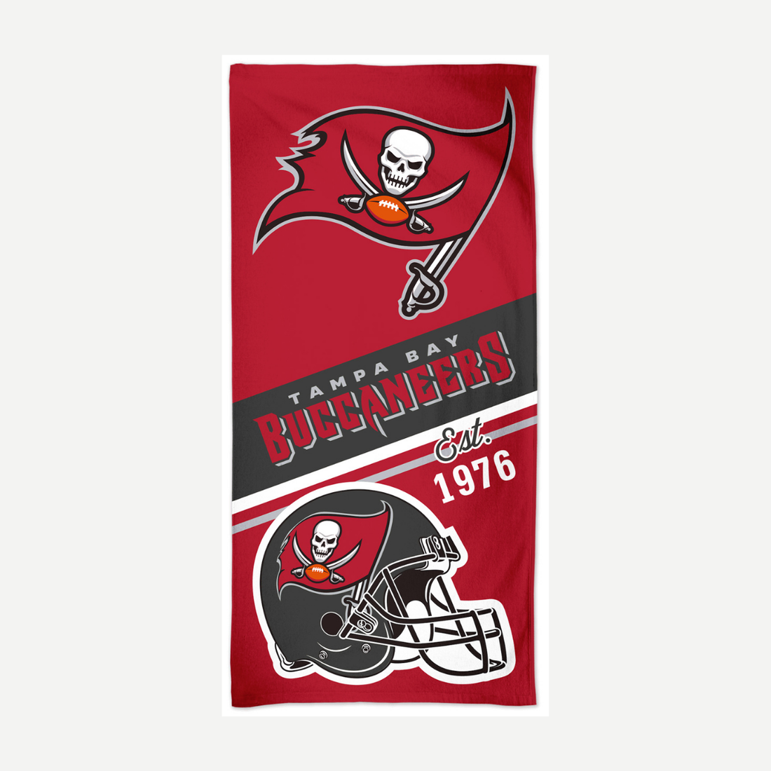 Tampa Bay Buccaneers beach towel featuring team logo, helmet, and red background.
