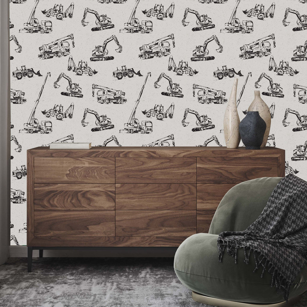 Tanner modern illustrative wallpaper in high-contrast white and black.