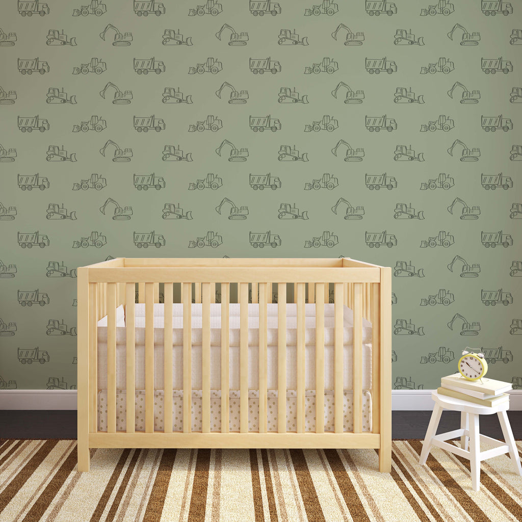 Tate geometric wallpaper in sage-green and dark-gray, suitable for minimalist interiors.