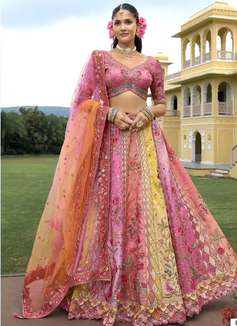 Multicolor silk lehenga choli with intricate badla and thread embroidery for wedding wear