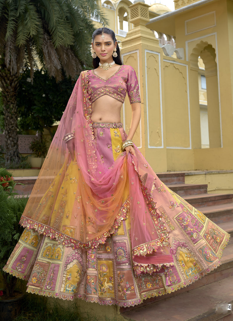 Multicolor silk bridal lehenga with embroidered blouse and lacework dupatta