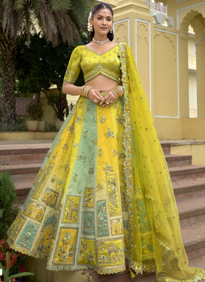 Multicolor silk bridal lehenga with embroidered blouse and lacework dupatta