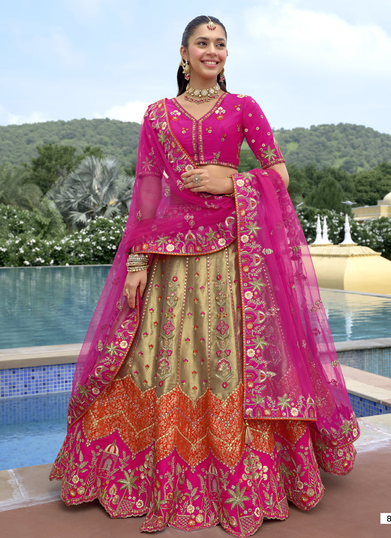 Multicolor silk lehenga choli with intricate badla and thread embroidery for wedding wear
