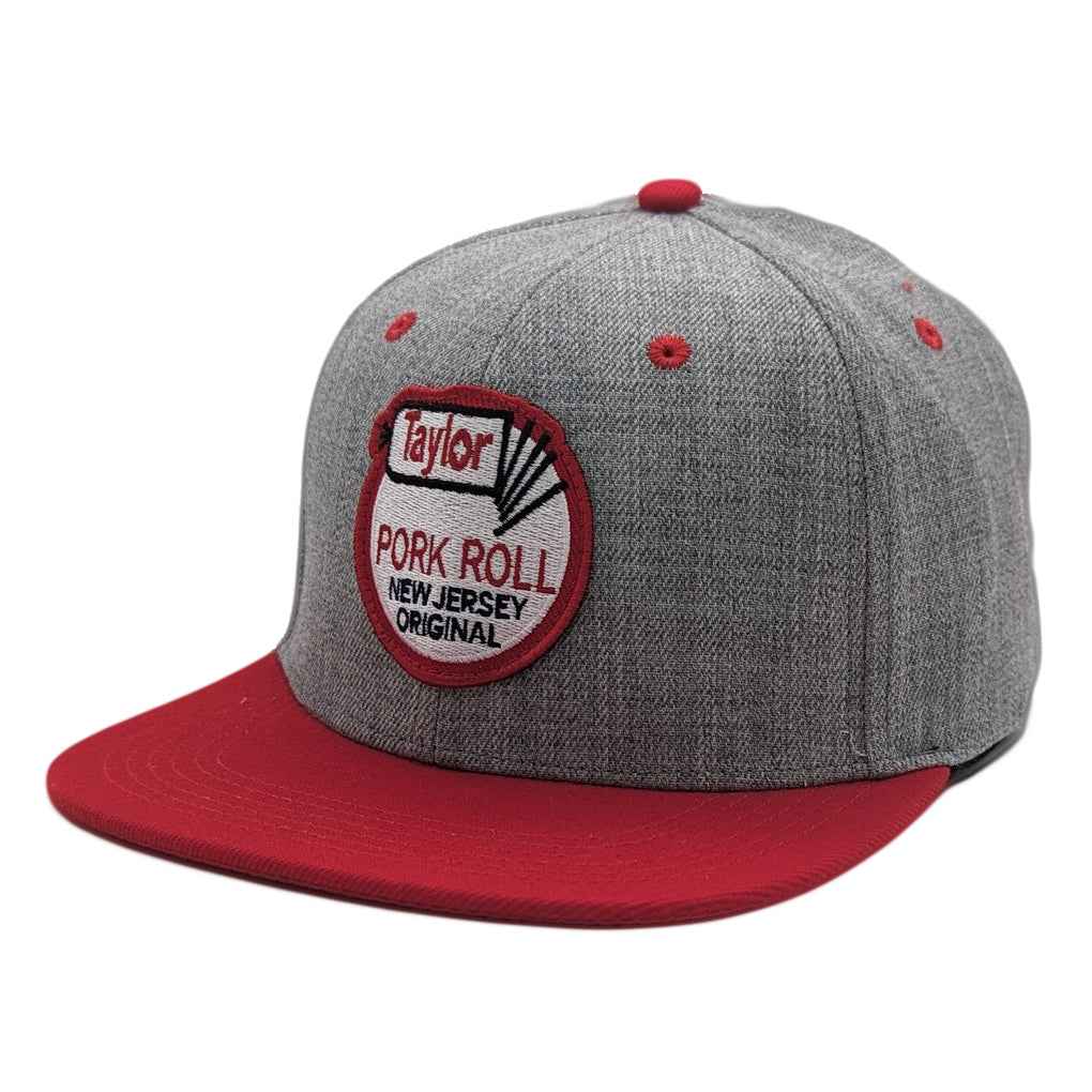Unisex grey and red Taylor Ham Pork Roll trucker hat with embroidered branding