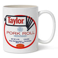 Ceramic mug featuring Taylor Ham vs. Pork Roll text and classic red and black branding on a white background.