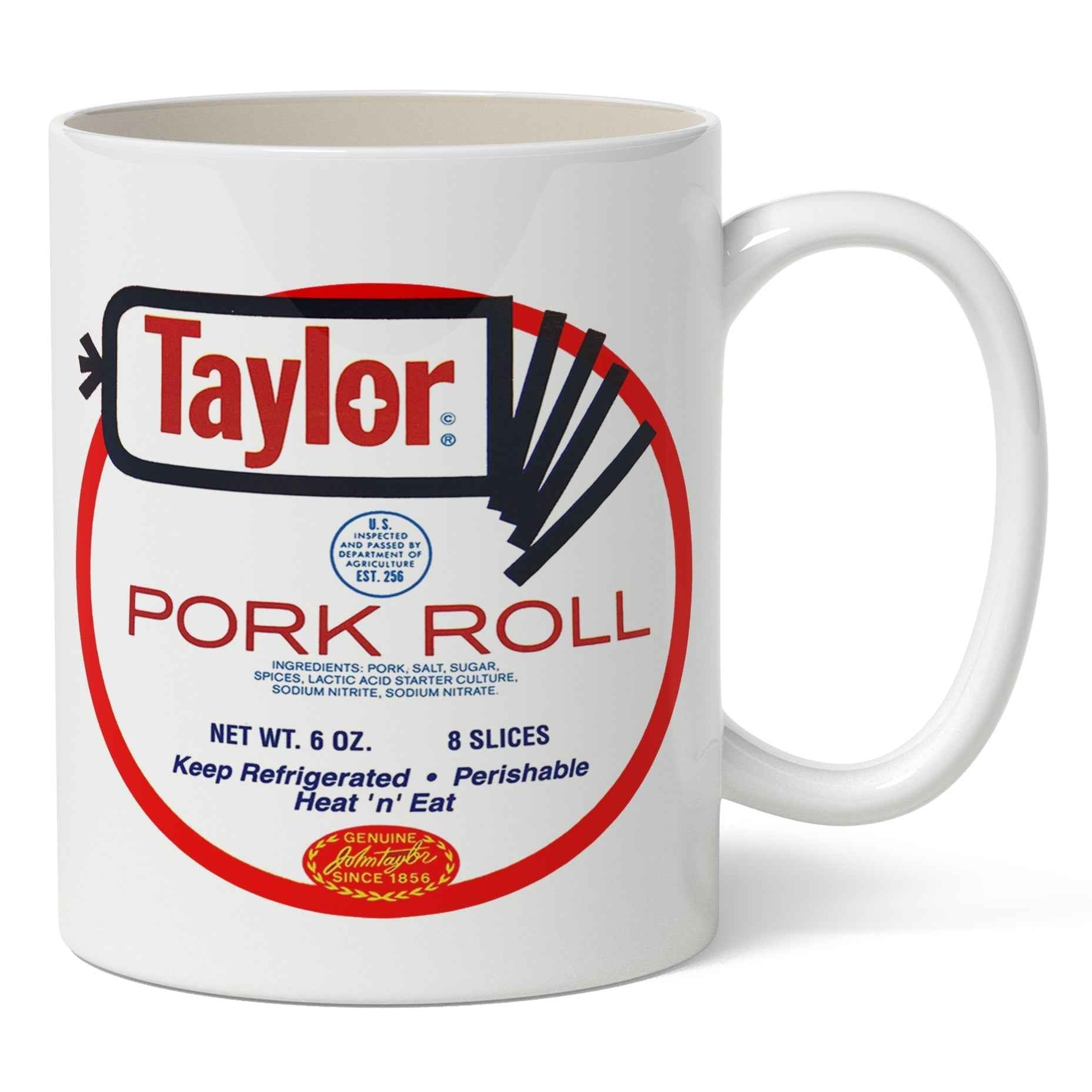 Ceramic mug featuring Taylor Ham vs. Pork Roll text and classic red and black branding on a white background.