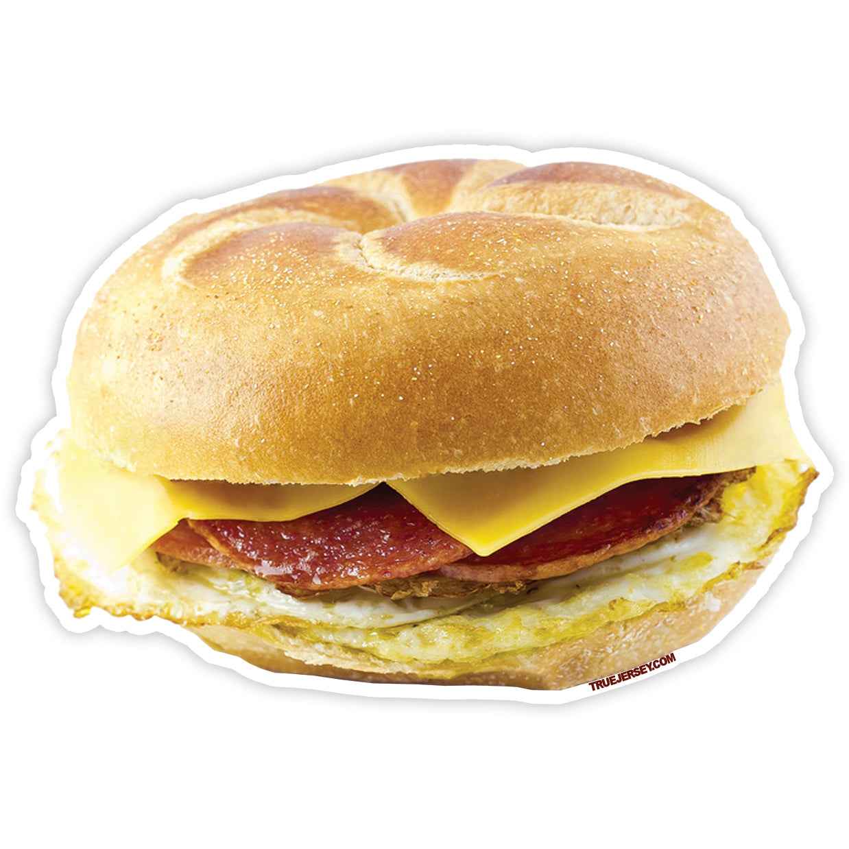 A flexible 4 by 3 inch magnet featuring a classic New Jersey pork roll, egg, and cheese breakfast sandwich design.
