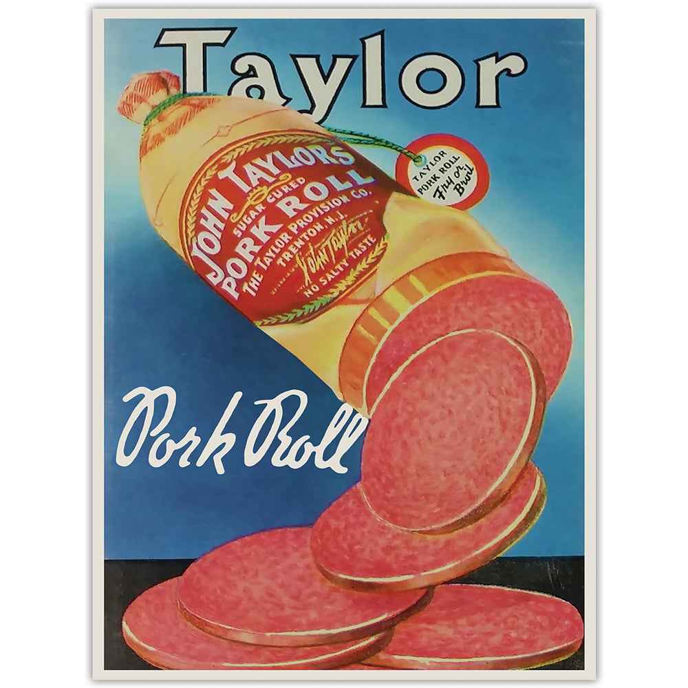 Vintage Taylor Pork Roll sticker measuring 3 by 4 inches on a neutral surface