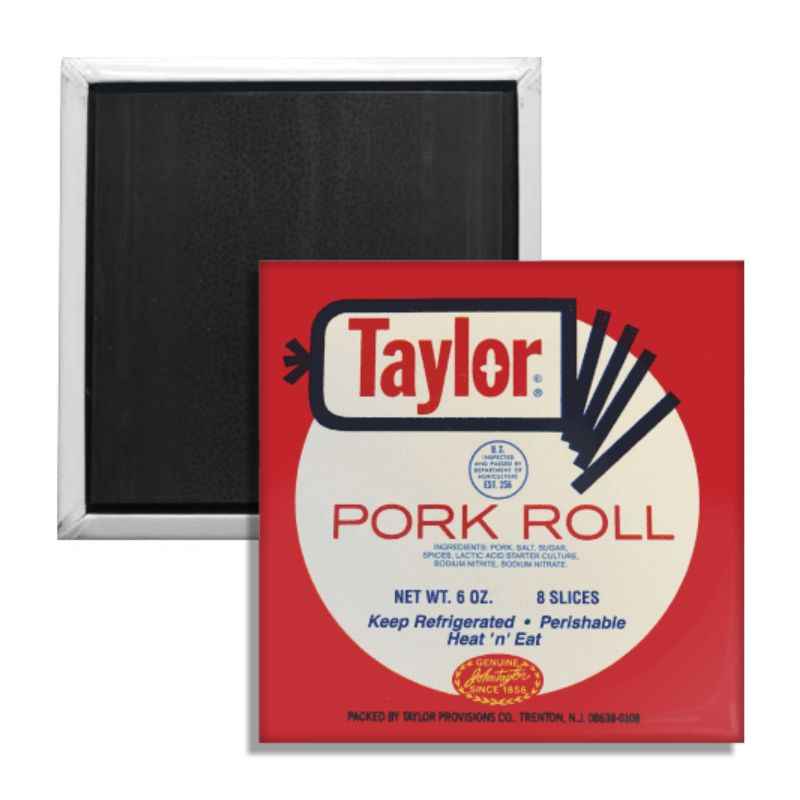 A decorative fridge magnet featuring a Taylor Ham / Pork Roll design.