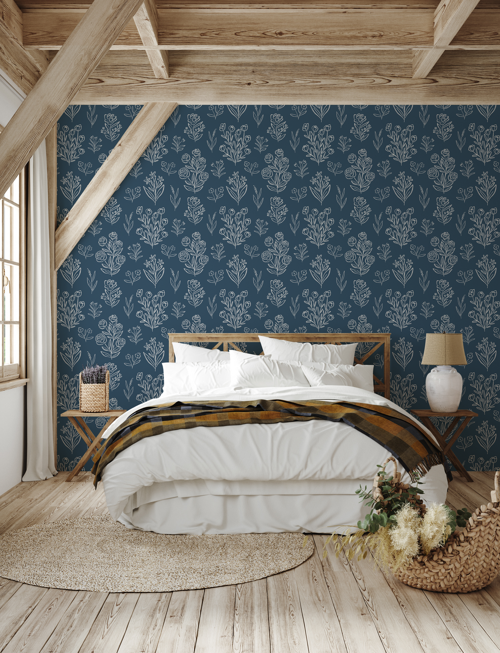 Taylor Floral Removable Wallpaper in Blue, White, Peach & Beige