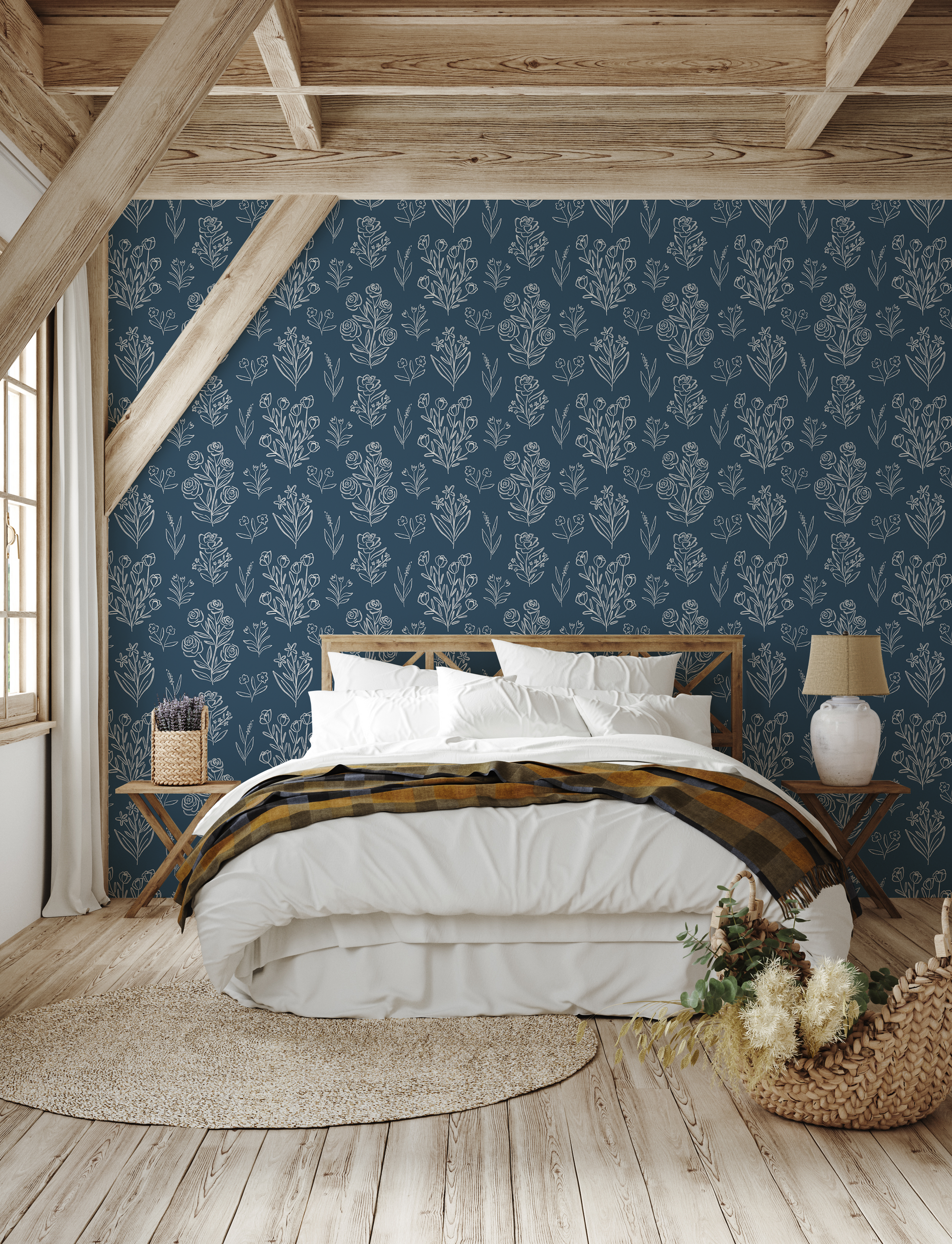 Taylor Floral Removable Wallpaper in Blue, White, Peach & Beige